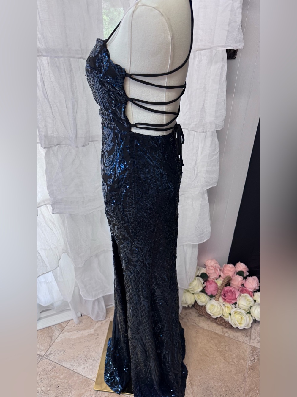 Windsor Navy Sequin Halter Gown with Thigh Slit - Picture 9 of 16